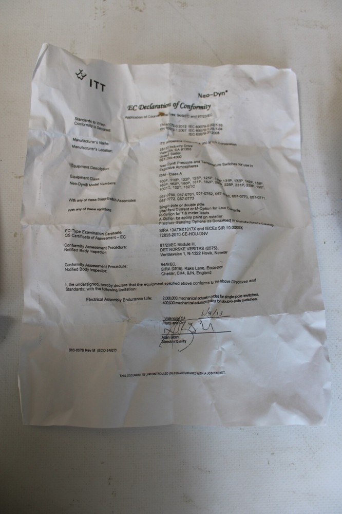 TT Neo-Dyn ADJUSTABLE PRESSURE SWITCH MODEL: 232P43C6