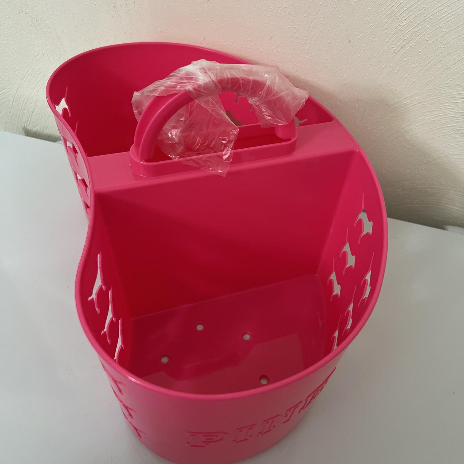Victorias Secret Pink Dog Graphic Heart Shape SHOWER CADDIE organizer 16Lx6H
