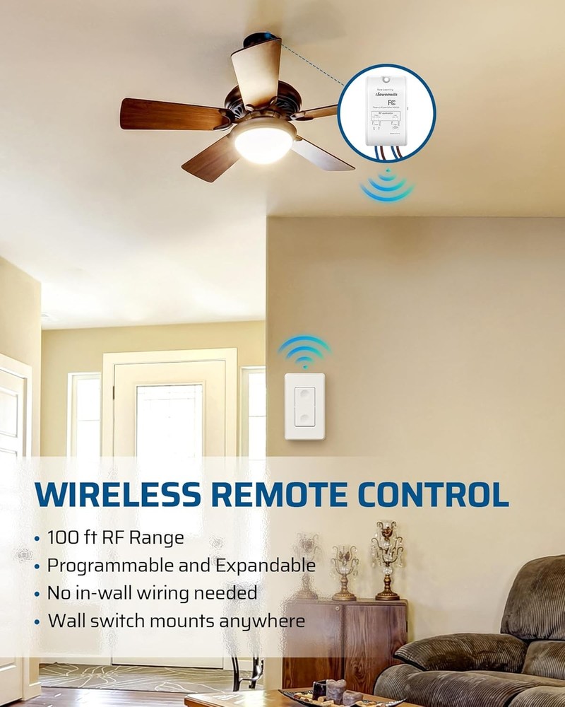 Wireless Light Switch Kit - 10A, Remote Control for Ceiling Lights, 100 Ft RF Ra