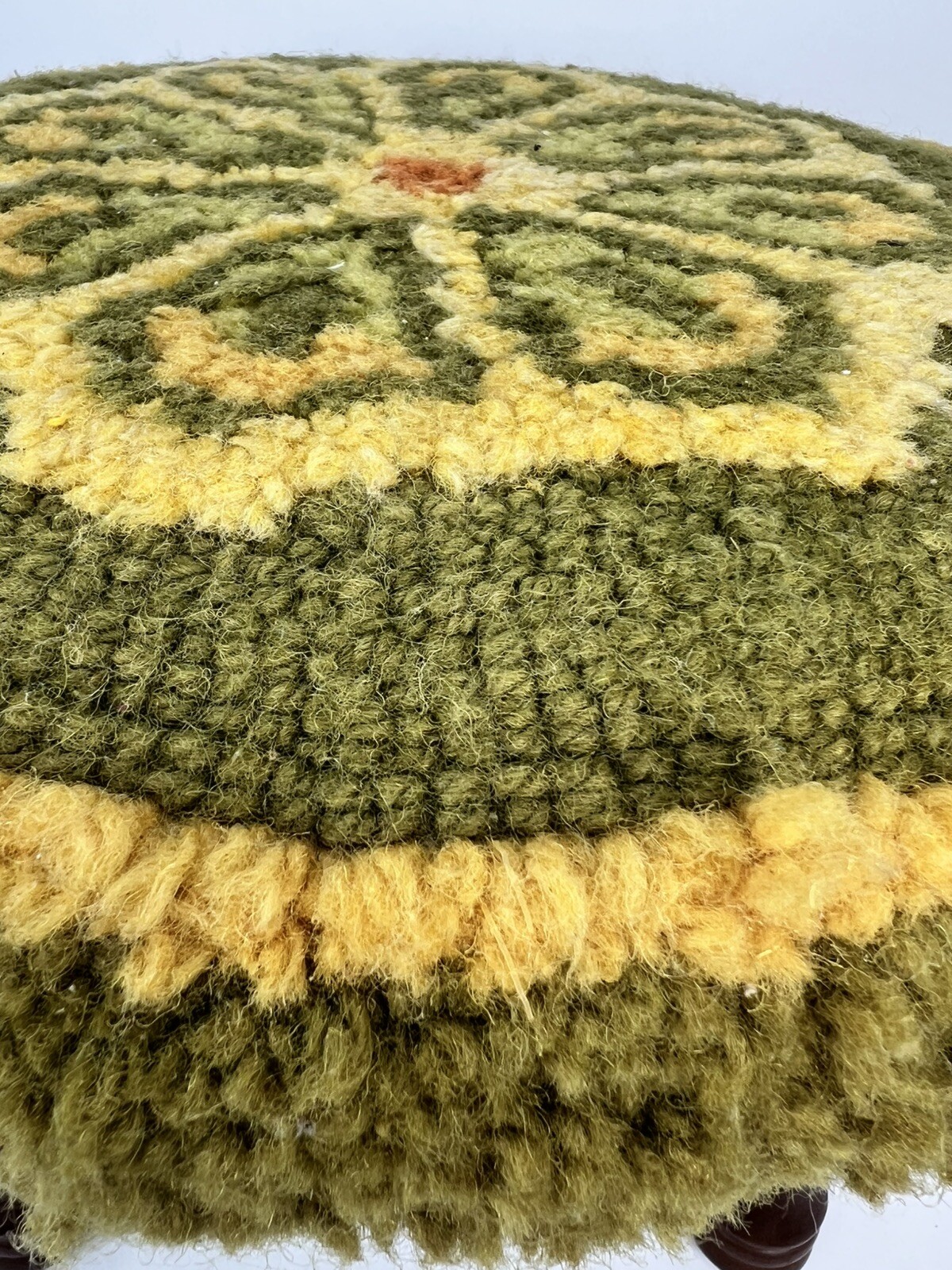 Vtg Round Footstool Floral Hooked Rug Top Wooden Legs MCM 8.75 x 12” Avacado