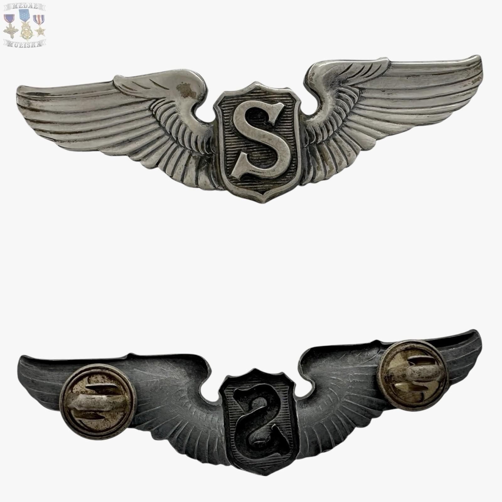 WWII SERVICE PILOT WINGS U.S. ARMY AIR CORPS 3” SIZE VAULTED STERLING WW2 #015