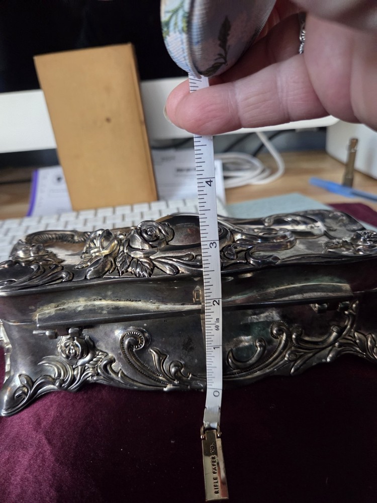 Vintage Wallace Silverplated Art Nouveau Jewelry Musicbox 1950-1960s Coffin Shap