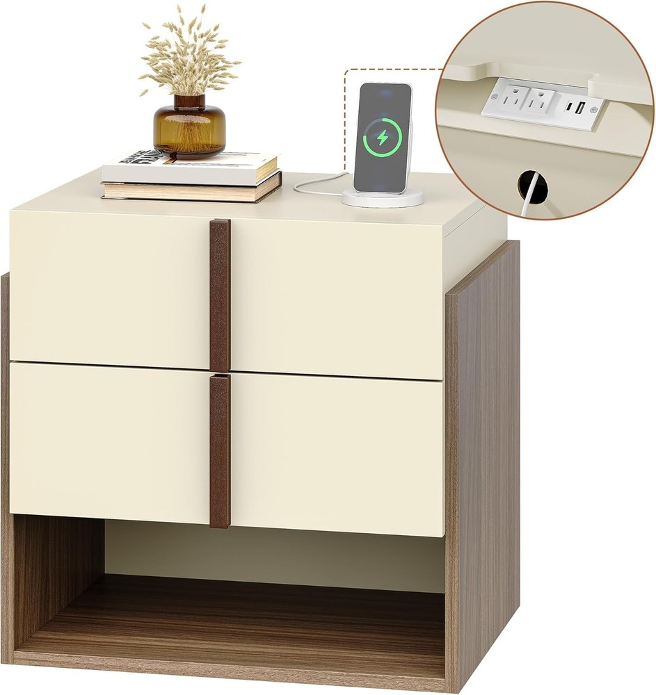 Walnut 2 Drawers Modern Nightstand with Charging Station, 20” MCM Bedside Table
