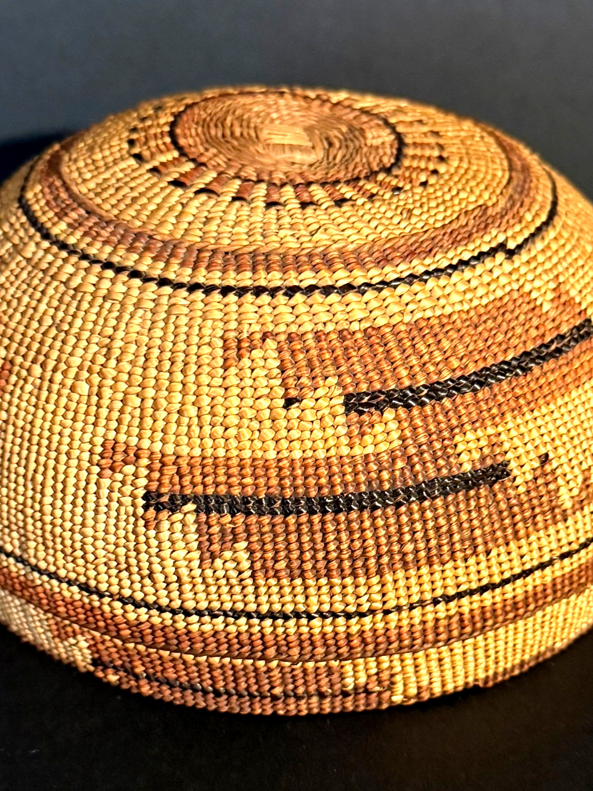 EXTRAORDINARY HUPA FANCY CAP BASKET, BEAR GRASS & FERN OVERLAY, C1890, EXCELLENT