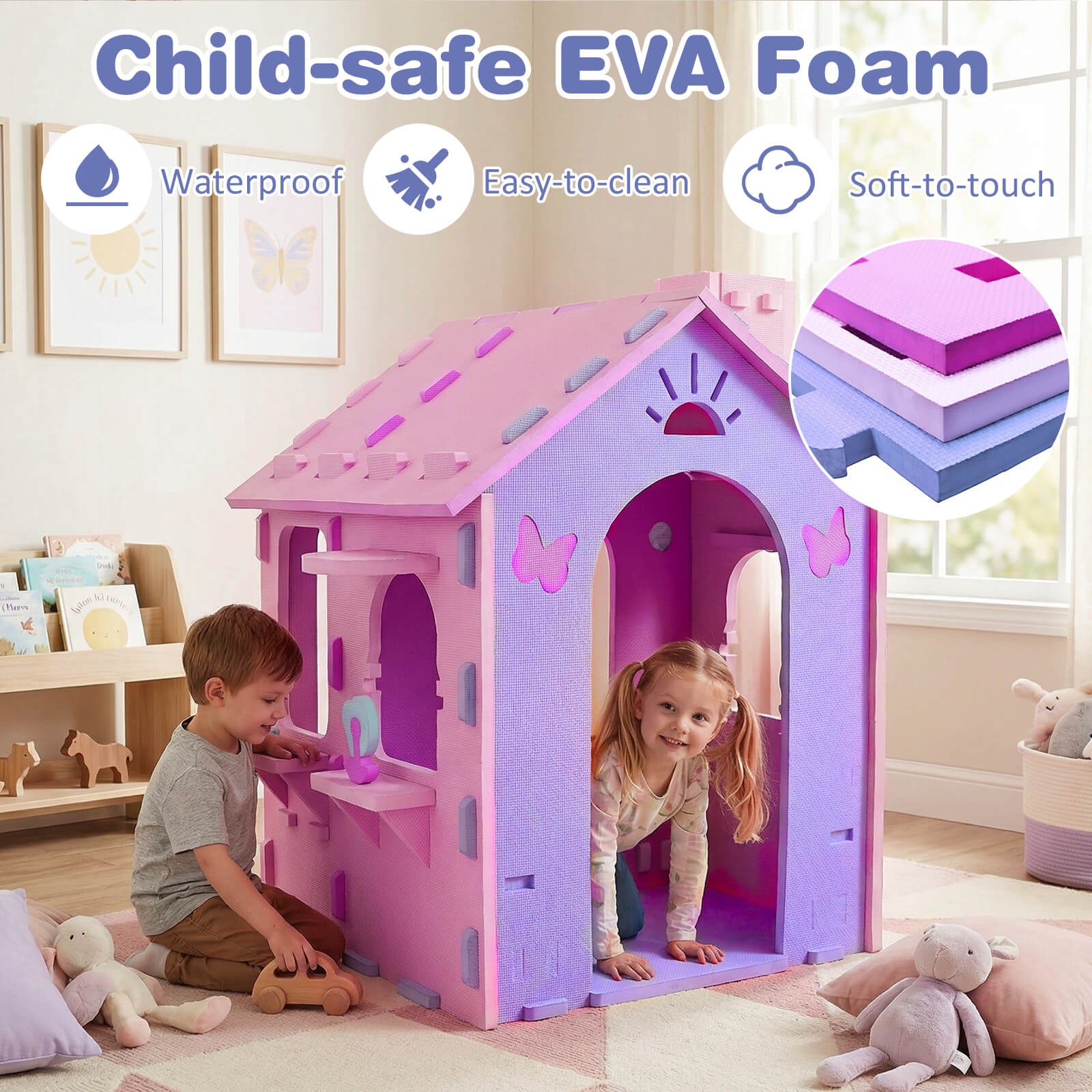 Kids EVA Foam Playhouse w/Roof, Chimney, Windows & Doorways for Boys & Girls
