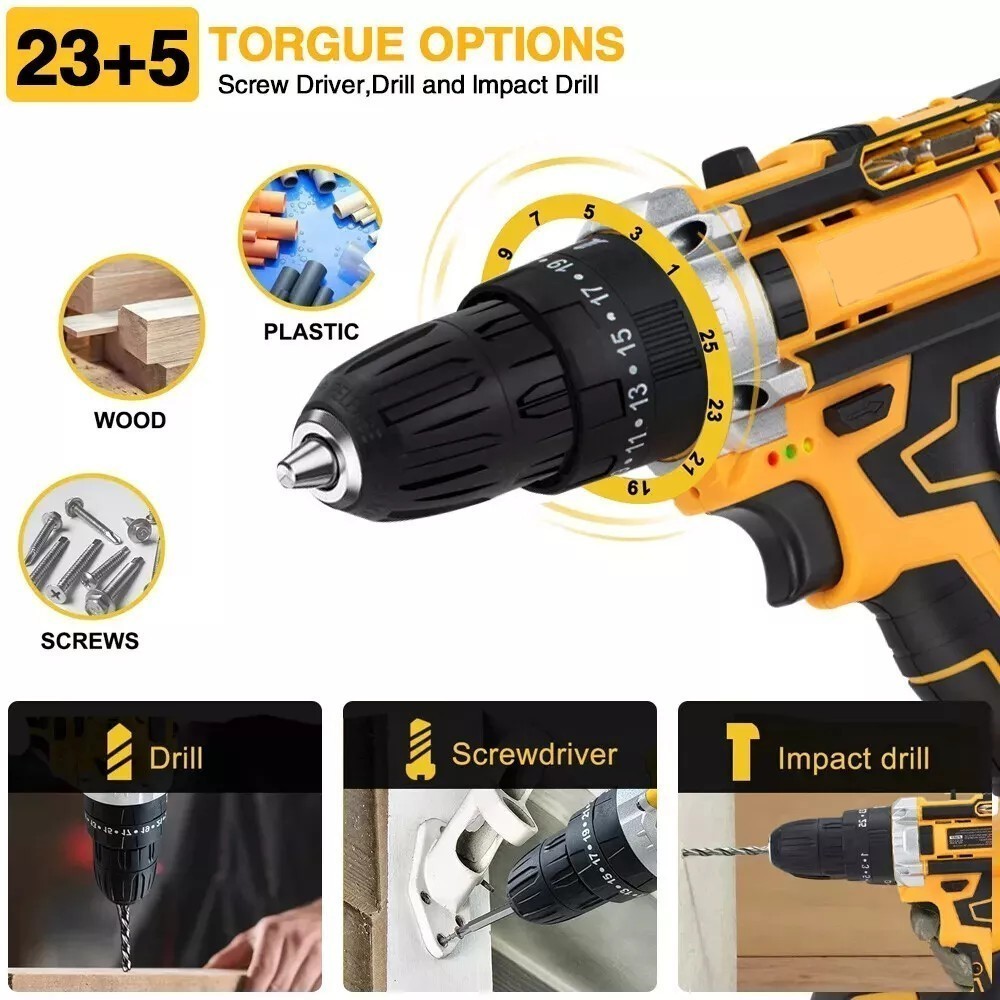 Hammer Drill Cordless Brushless Impact Driver Combo Kit With 2 Battery Charger