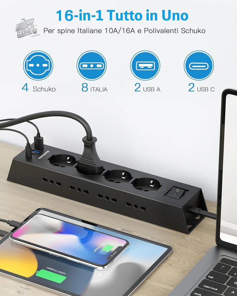 Electrical Multi-Outlet Angle Socket With 2 USB-A, 2 USB-C & 12 Sockets, Slipper Co