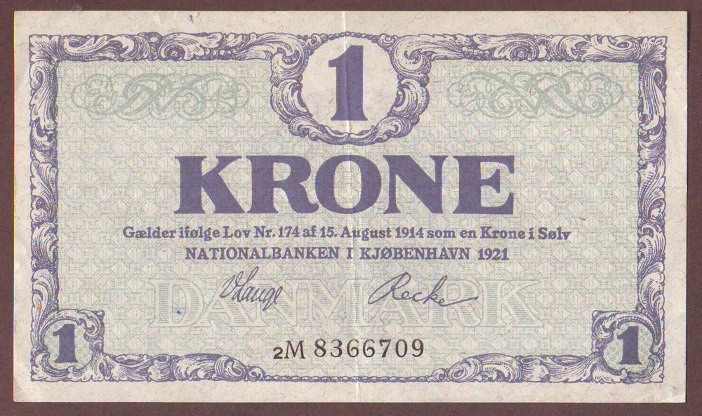 DENMARK  1 Krone 1921  Prefix 2M
