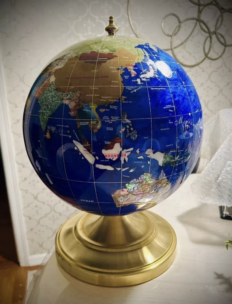 Gemstone Earth Globe On Brass Stand