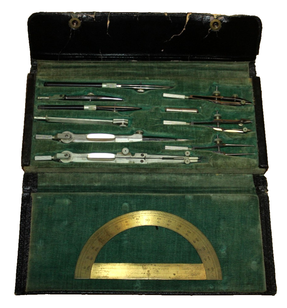 Vintage Drafting Tools With Case Complete 10 piece Set + Protractor