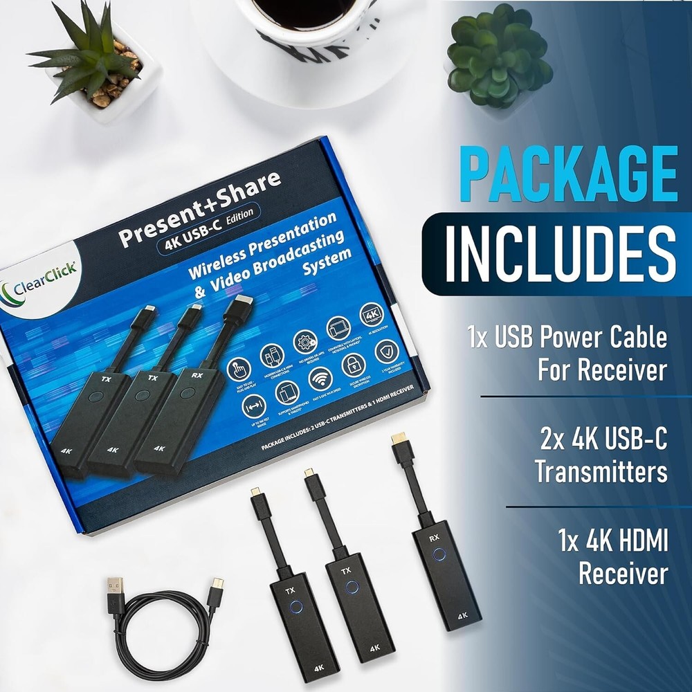 ClearClick Present+Share 4K USB-C Wireless Two Transmitters One 4K HDMI Receiver
