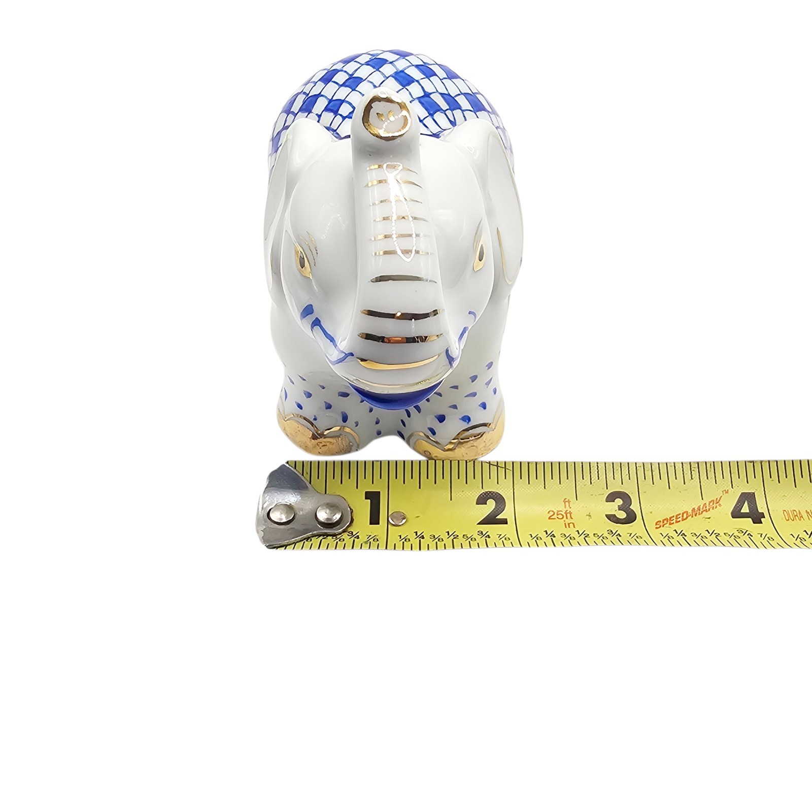 Vintage Blue Fishnet Porcelain Elephant Figurine Gold Accents Trunk Up Lucky 4"