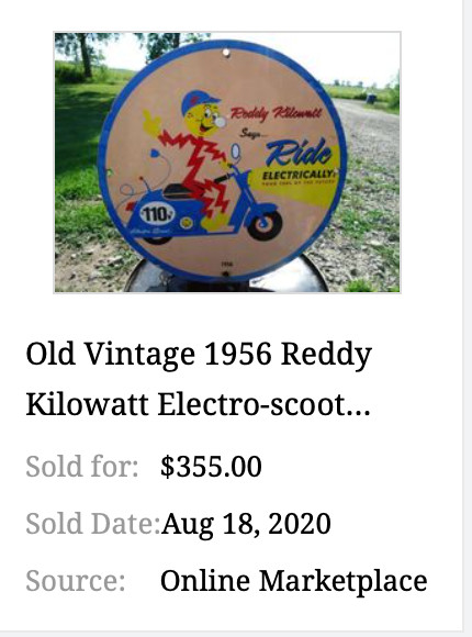 VINTAGE 56 REDDY KILOWATT ELECTRIC SCOOTER 11 3/4" PORCELAIN METAL GASOLINE SIGN