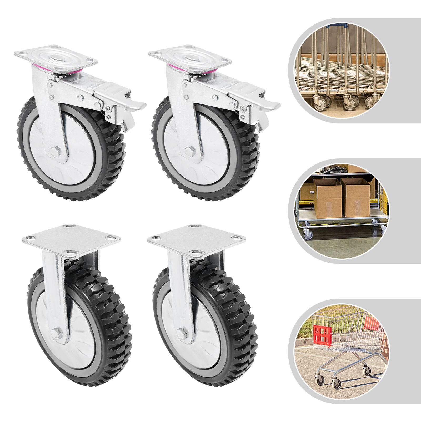 4PCs 8 inch Dustproof Handling Wheels Fixed+Brake Heavy Duty Solid Caster Wheels