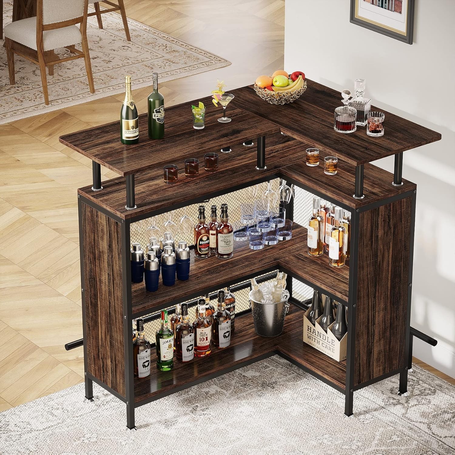 Home Bar Unit, 2-Tier L-Shaped Bar Table With Stemware Racks For Kitchen/Pub