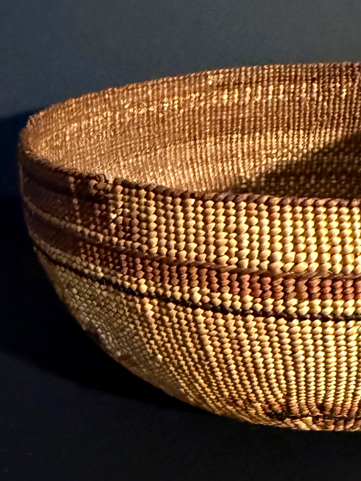 EXTRAORDINARY HUPA FANCY CAP BASKET, BEAR GRASS & FERN OVERLAY, C1890, EXCELLENT