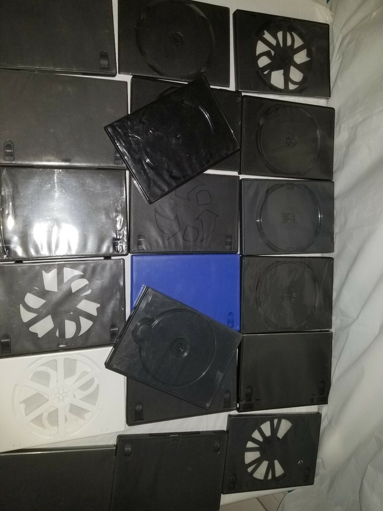 21 PACK BLACK/WHITE AND BLUE EMPTY DVD CASES (DIFFERENT SIZES)