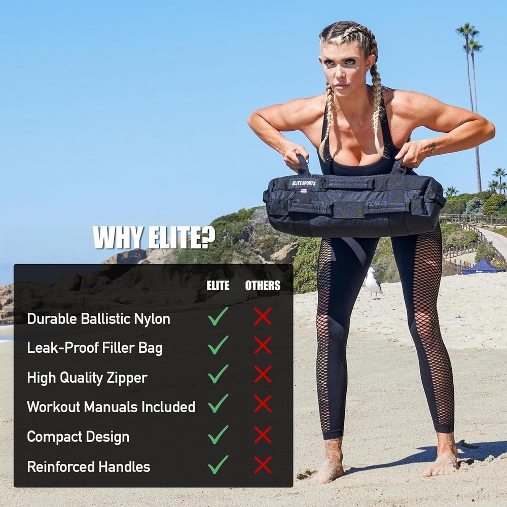Elite Workout Sandbag 50-75 lbs for Strength Training – Multiple Handle Design