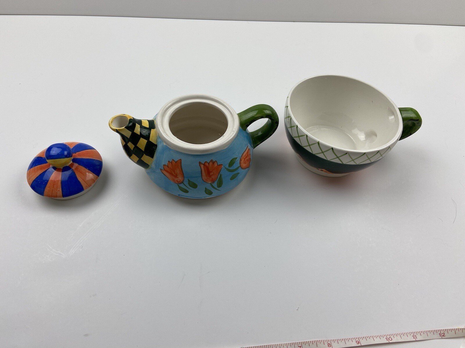 Whimsical Ceramic Teapot Tea for One Green & Yellow Check Spout & Orange Floral