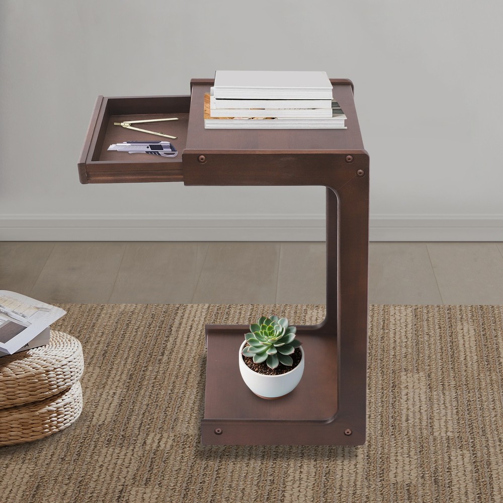 2-Tierd Solid Wood Bedside C-Shaped Side Table w/ Drawer & Lockable Wheels