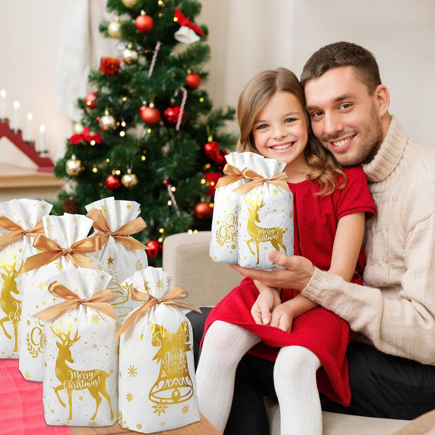 50 Pcs Christmas Drawstring Favor Bags Bulk Plastic Christmas Candy Bags Treat B