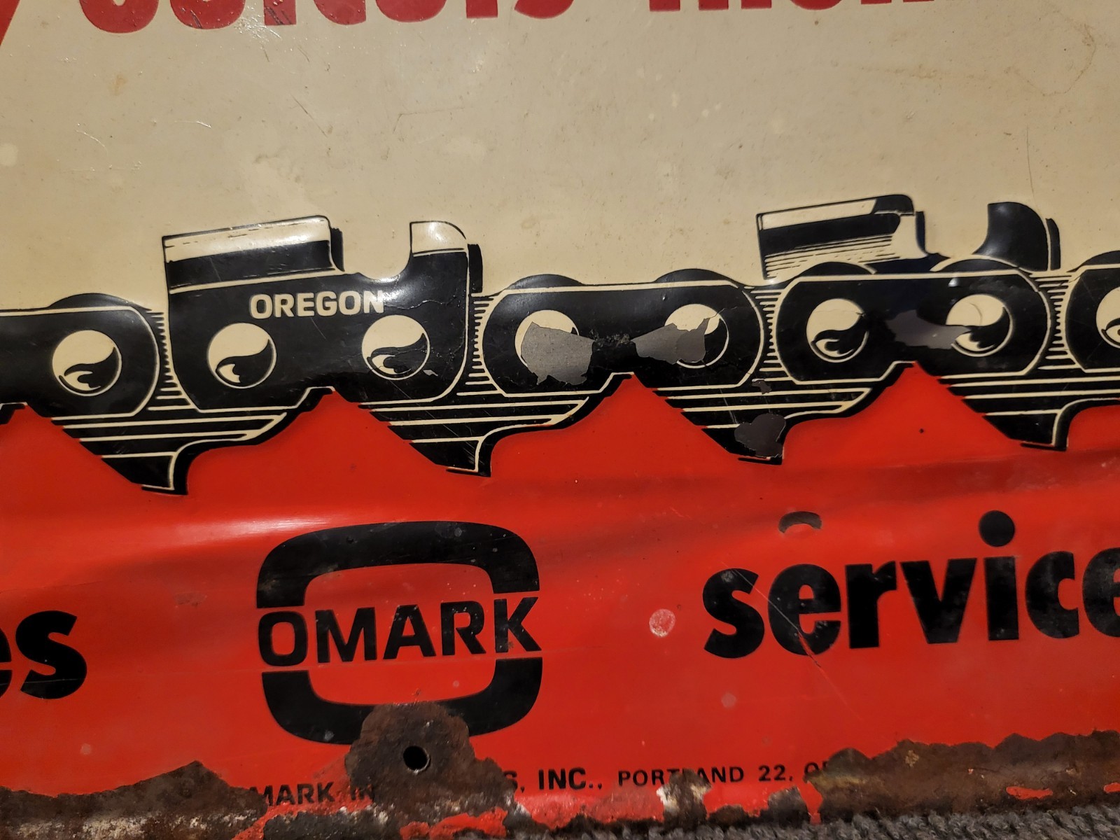 Oregon Chainsaw Advertising Sign, EARLY HEAVY METAL NOT TIN TACKER..