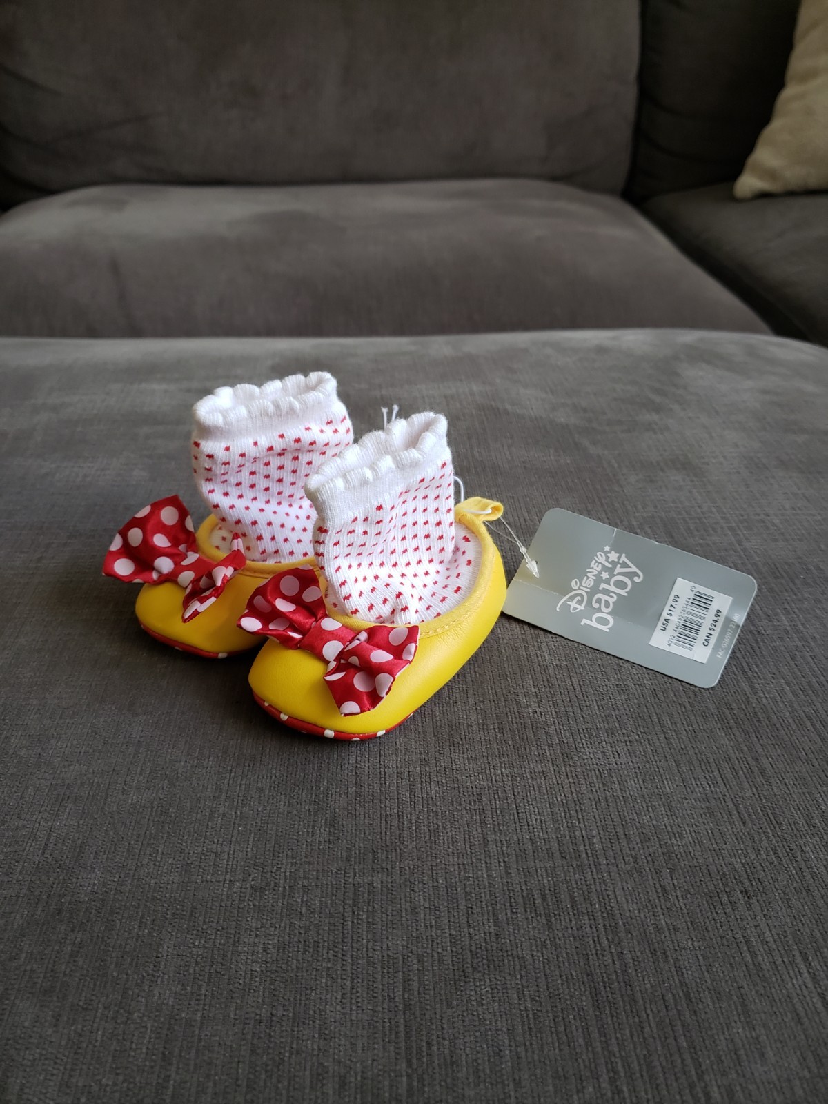RARE - Disney Baby Minnie Mouse Costume Booties Yellow Red Polka Dot Bow 6-12...