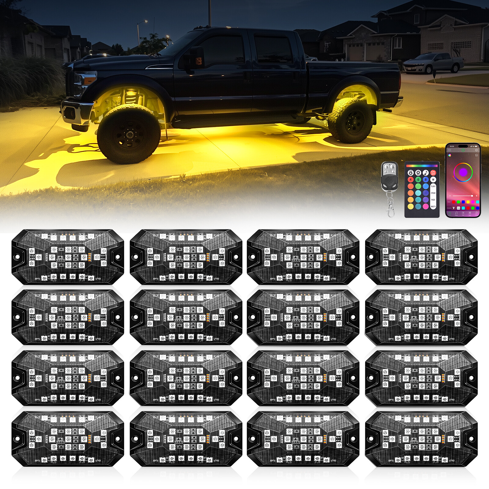 16-Pods RGBW LED Underglow Rock Lights for Trucks Cars, App & Remote Controller