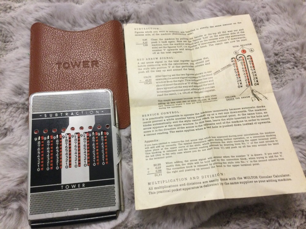 Vintage Tower Addition & Subtraction Machine w/ Case Pen & Instructions - Adding