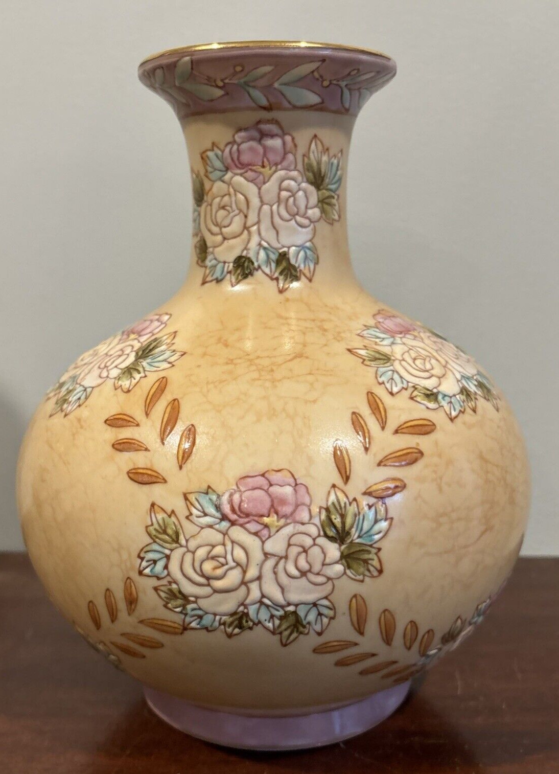 Chinese Porcelain 8" Vase Beige Pastel Embossed  Flowers Leaves Pink Peach Blue.