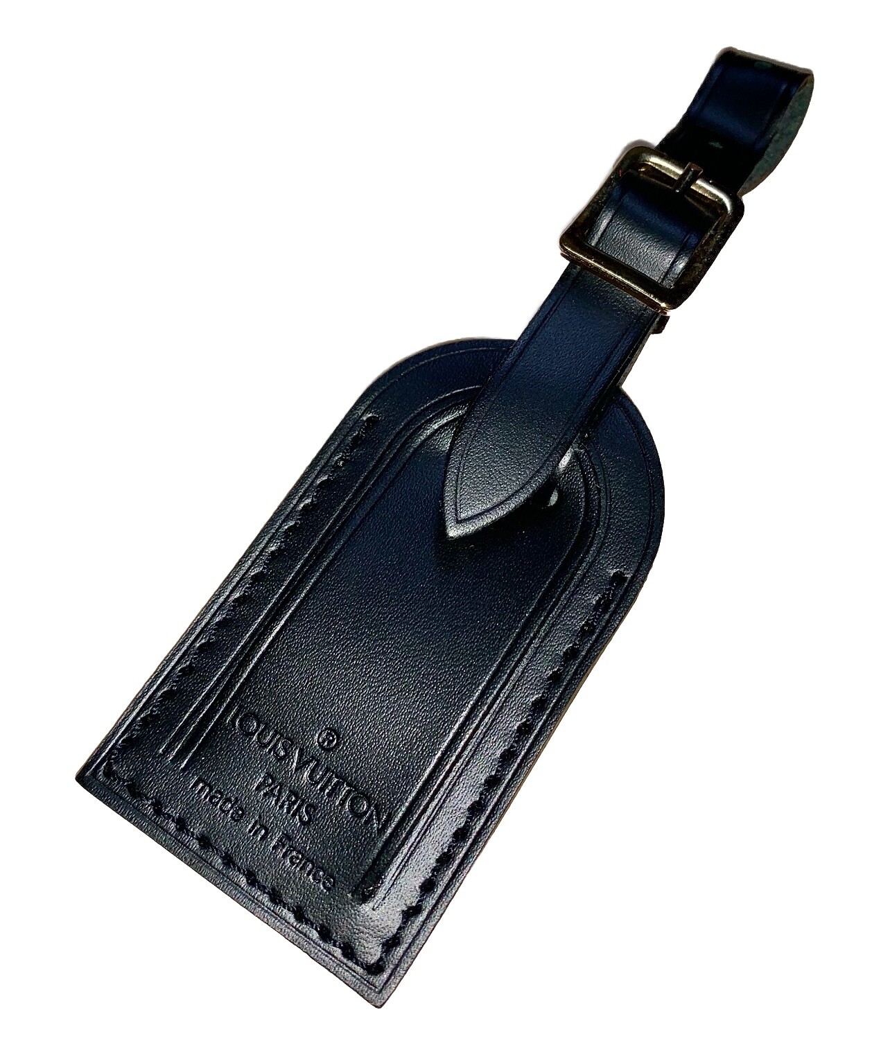 Louis Vuitton ID Name Tag Black Leather Silver tone Hardware Small