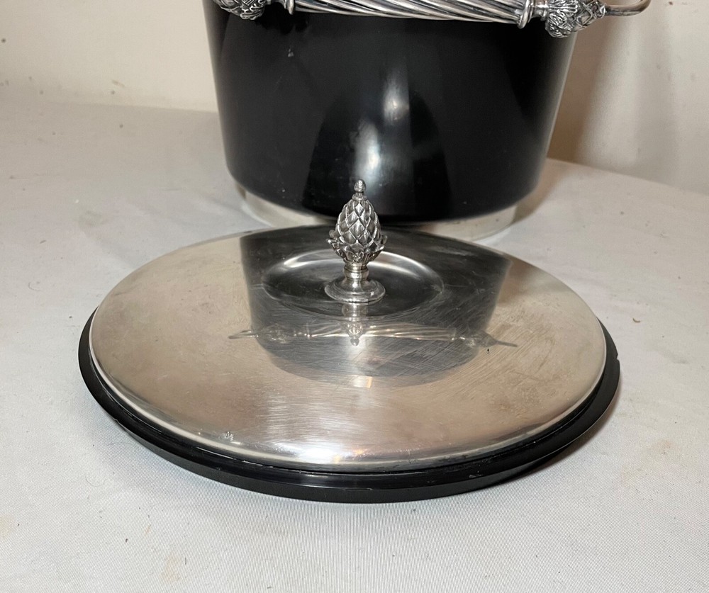vintage ornate Reed and Barton silverplate black bakelite lidded ice bucket jar