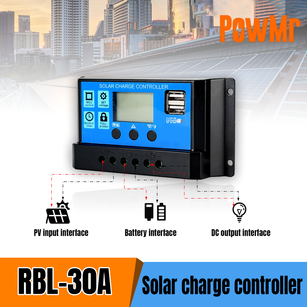 30A Solar Panel Battery Charge Controller 12V/24V LCD Regulator Auto Dual USB US