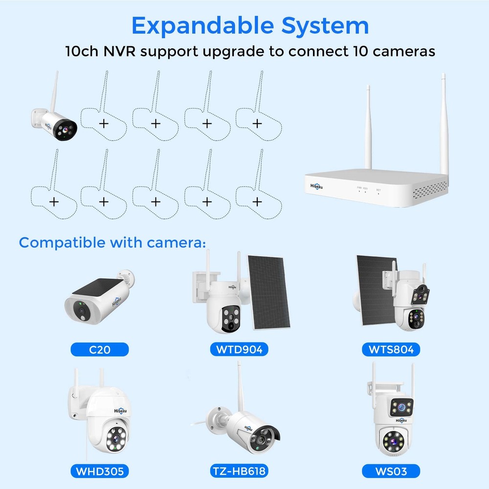HISEEU Wifi Security Camera System,4pcs 3MP Audio Cameras,10CH NVR,500G HDD,24/7