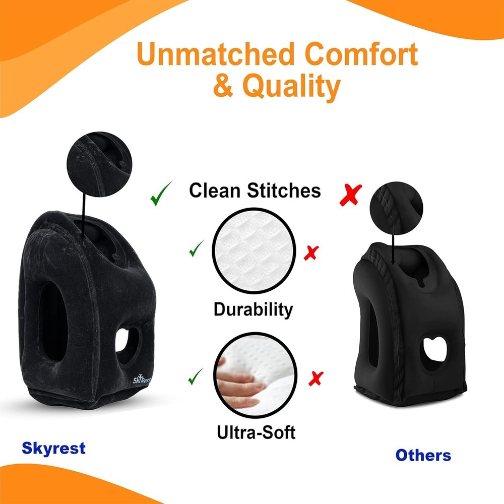 Compact Black Airplane Pillow for Neck Support - Includes Eye Mask & Earplugs