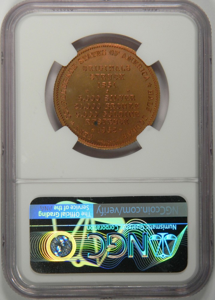 1962 CSA BRONZE BASHLOW RESTRIKE CONFEDERATE HALF DOLLAR ~ SHARP NGC MS66RB!