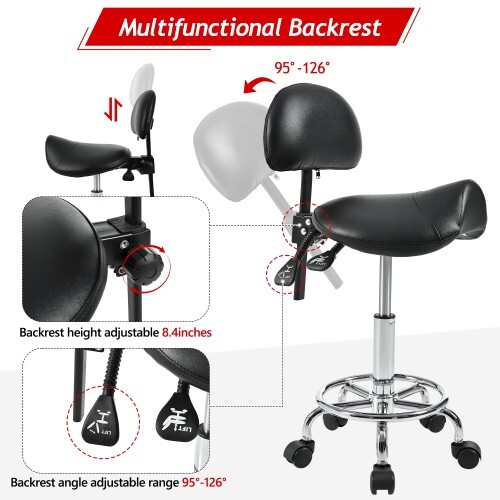 Rotating stool Saddle stool with back support, adjustable with wheels