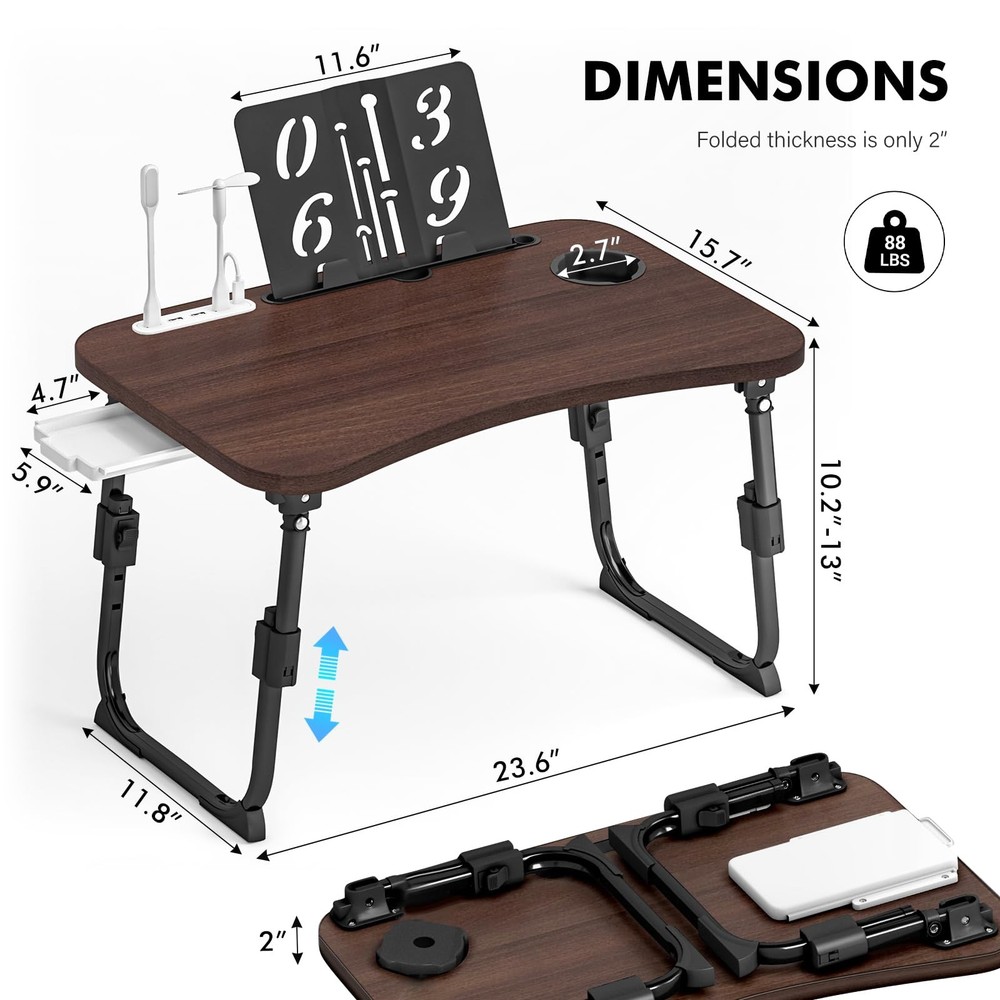 Lap Desk for Bed Adjustable Height, Foldable Bed Table with Storage Drawer, T...