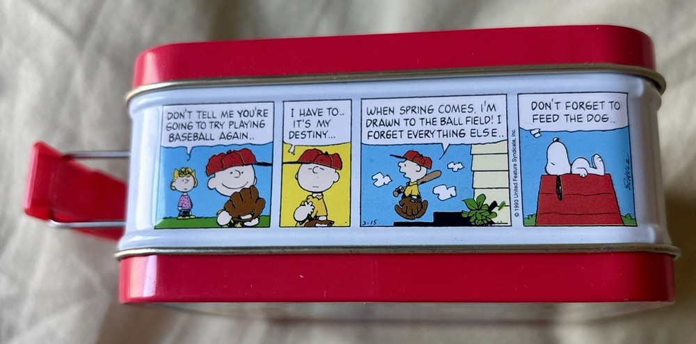 Peanuts Metal Lunchbox Baseball Theme Red Comic Strip Design