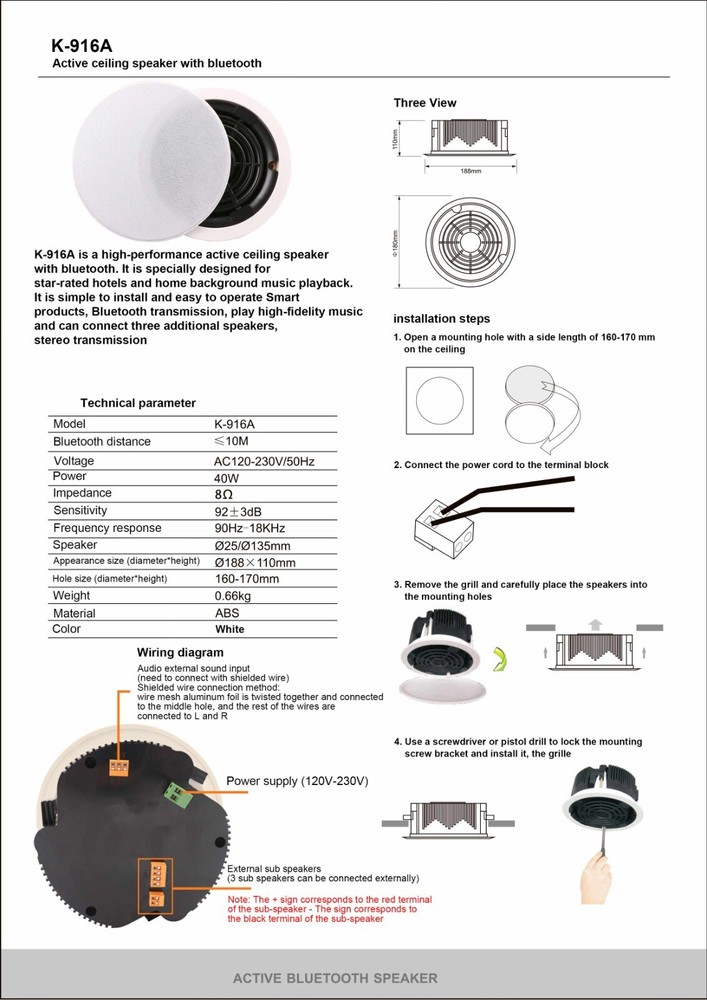 Active Ceiling Speaker Wireless Bluetooth Home Bathroom Ceiling Sub Speaker US