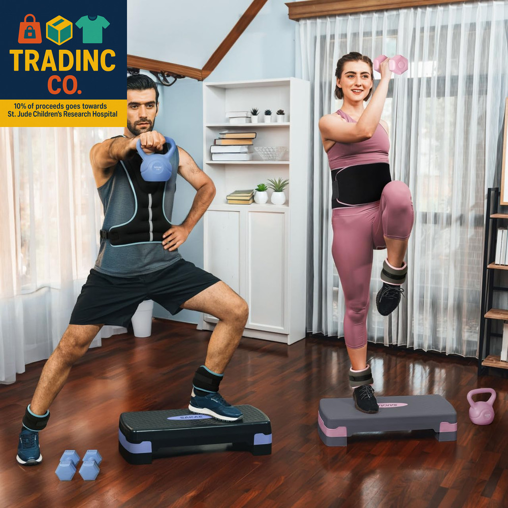 Adjustable Height Aerobic Stepper Set, Multiple Bundle Options with Dumbbells, K
