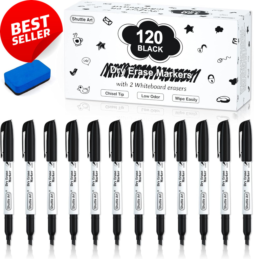 120 Pack Dry Erase Markers Black Chisel Tip w/2 Erasers Whiteboard