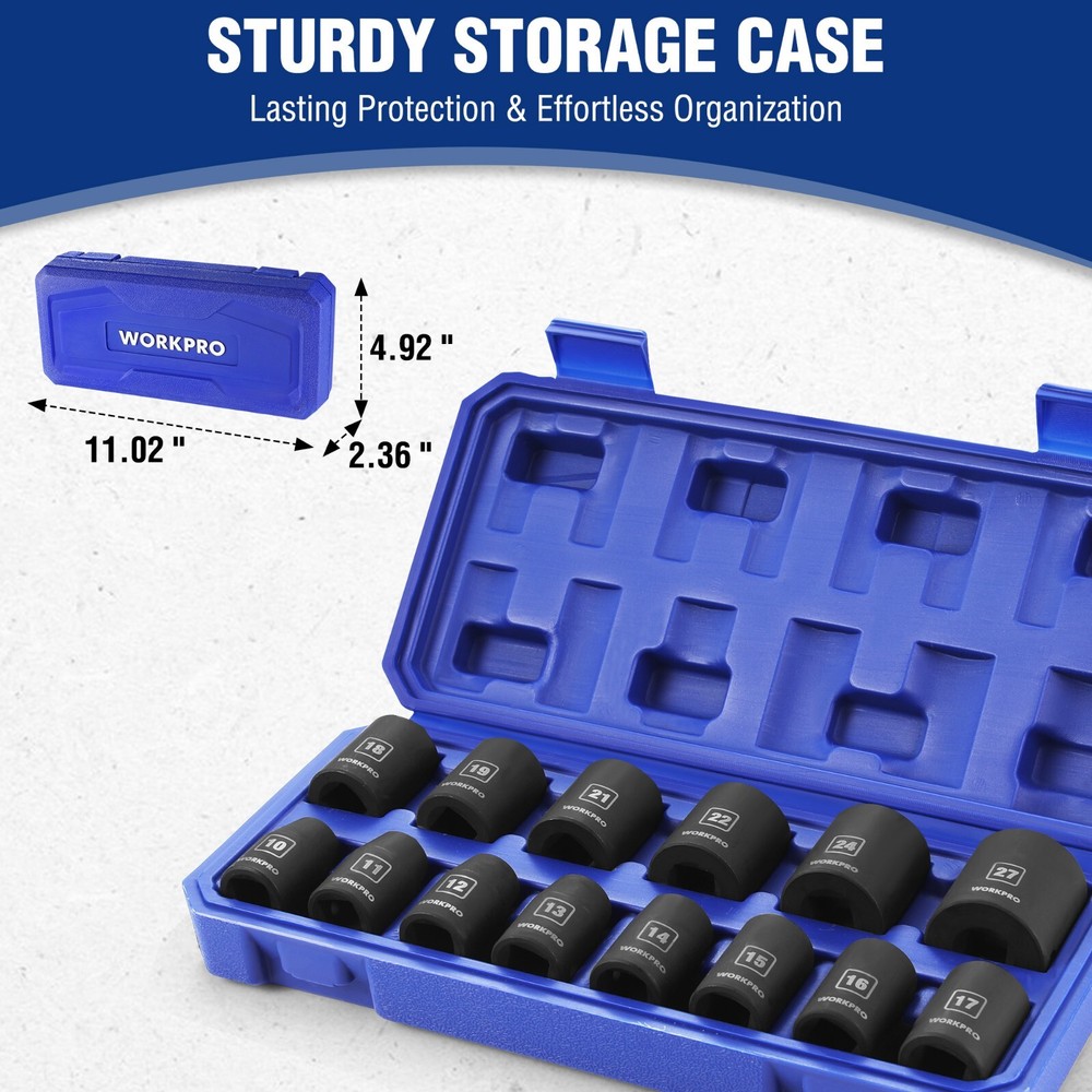 WORKPRO 1/2”Drive Shallow Impact Socket Set Metric Cr-V Steel 6-Point Socket Set