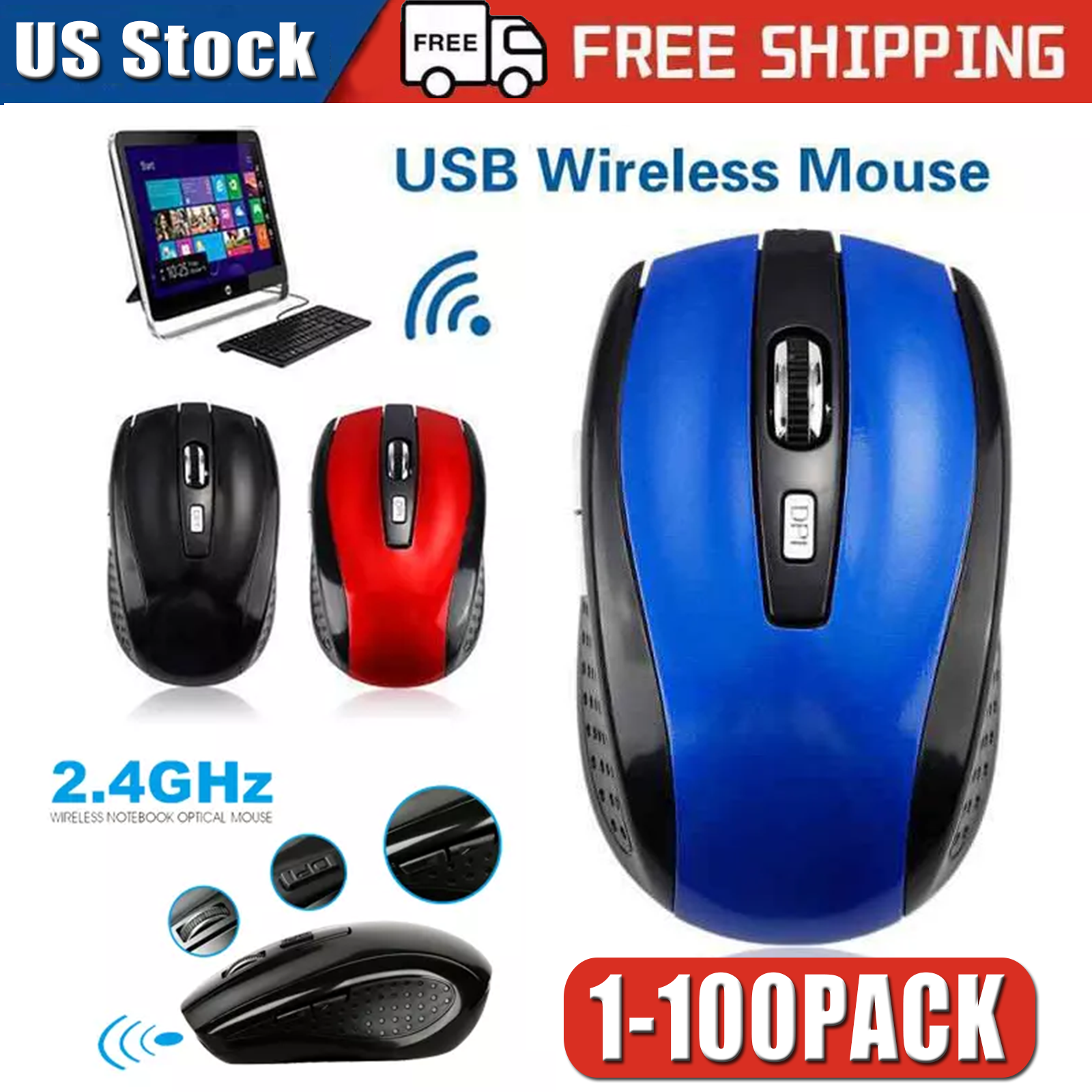 Wireless Optical Mouse Mice 2.4GHz USB Receiver For Laptop PC Computer DPI lot