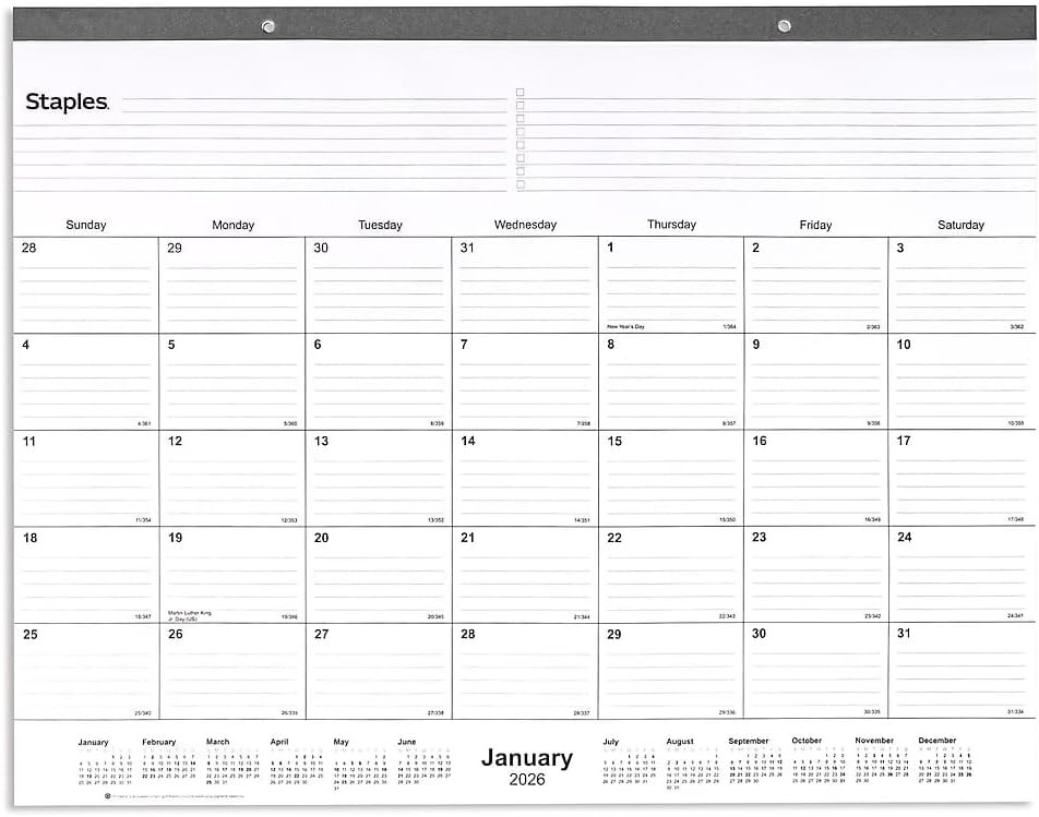 2026 Monthly Desk Pad Calendar 21.75"x17" Large Planner White/Black ST12951-26