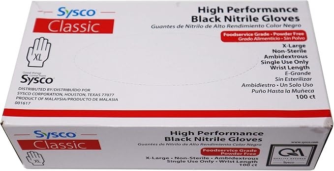 Sysco Classic Black Nitrile Extra Large Gloves Box, 100 Count