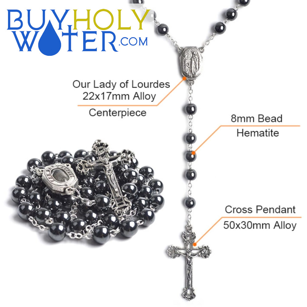Blessed Hematite & Holy Water Rosary Beads Religious Necklace Crucifix Jesus∞