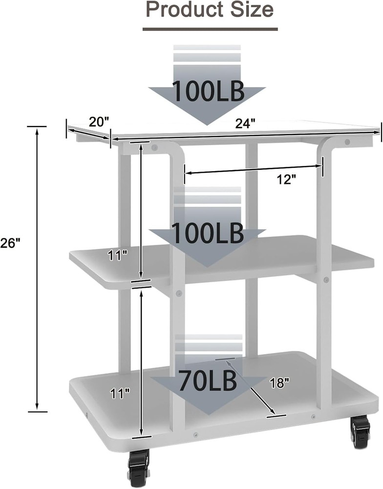 Rolling Printer Stand 24x20x26 Inch White 3 Tier
