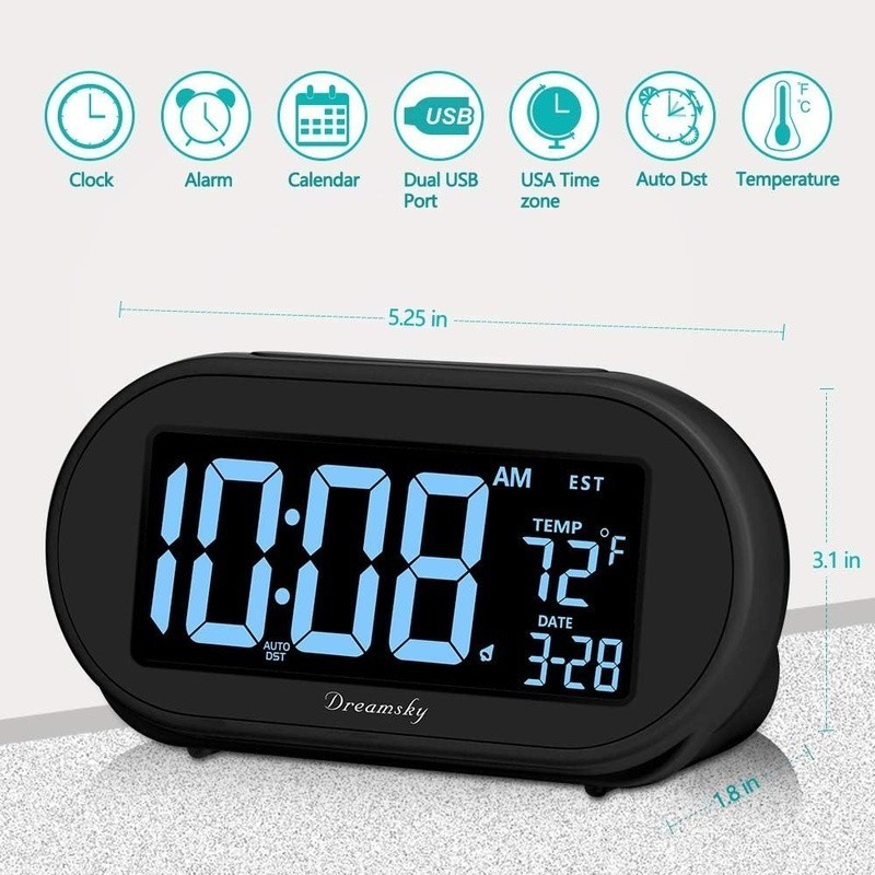 Auto Setting Alarm Clock W/ Dimmable Display USB Charging Dual Backup Battery
