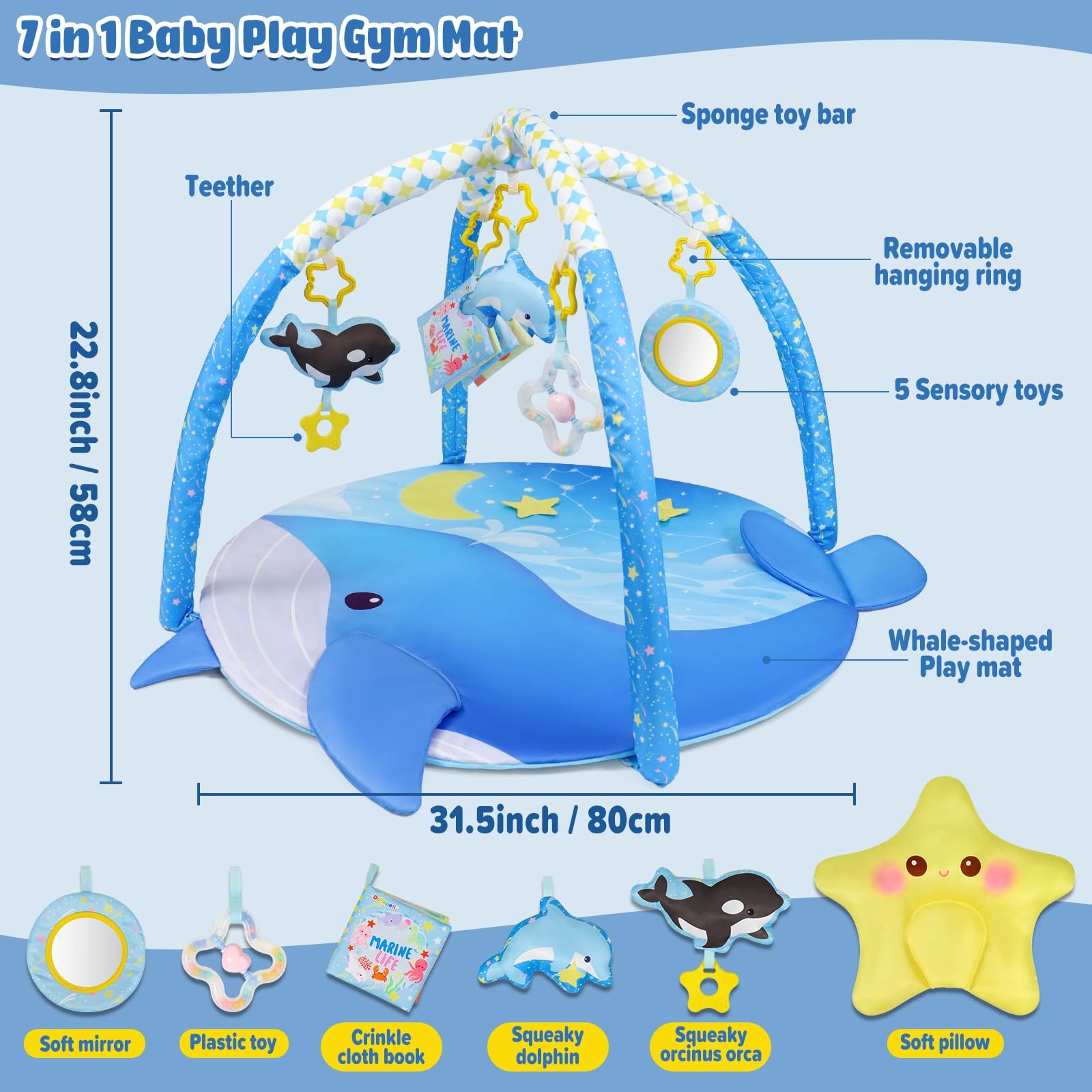 31x31inch Baby Play Mat, Activity Baby Play Gym with Arch, Playmats & Floor G...